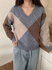 Women's V Neck Argyle Plaid Knit Sweater Color Block Long Sleeve Preppy Pullover Top - Grey - View 4