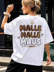 Women's Casual Malle Malle Maus Leopard Print T-Shirt, Embossed Lettering, Sketch Heart Motifs, Playful Festive Style, Short Sleeves, Printed Back. - White - View 1