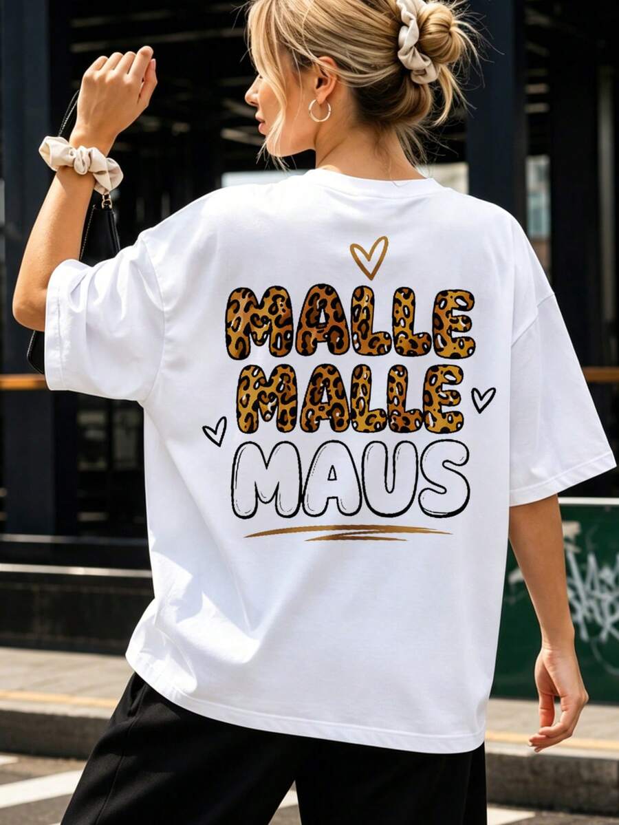 Women's Casual Malle Malle Maus Leopard Print T-Shirt, Embossed Lettering, Sketch Heart Motifs, Playful Festive Style, Short Sleeves, Printed Back. - White - View 1