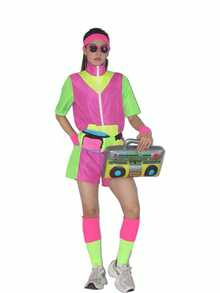 Women's 80s Retro Aerobics Costume, Color Block Zip Up Top & Shorts Set, 90s Workout Outfit For Halloween Cosplay Party Fall - Hot Pink - View 2