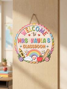 1pc Customized Fan-Shaped Wooden Teacher Name Sign, Personalized Rainbow Floral Welcome Plaque, Back To School Teacher Appreciation Gift, Classroom Welcome Wall Decor, New Teacher Welcome Gift - Multicolor - View 5