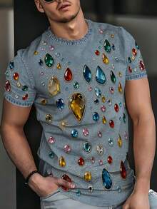 Faux Denim Colorful Gem Pattern Round Neck Short Sleeve, Light Denim Base With Full-Print Colorful Gemstone Graphic, Polka Dot Lines Outline Gemstone Contours, Overall Digital Print Delicate And Realistic, Summer Soft And Breathable Fabric, Loose Fit Suitable For Shopping, Dating And Various Casual Occasions - White - View 3
