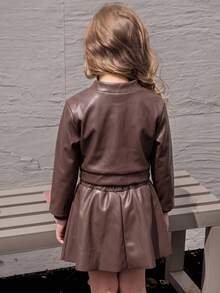 Girls' Autumn/Winter PU Jacket Set, Fashion Solid Color PU Leather Button & Zipper Jacket With PU Leather Skirt, 2 Pieces Casual Streetwear Outfit - Brown - View 8