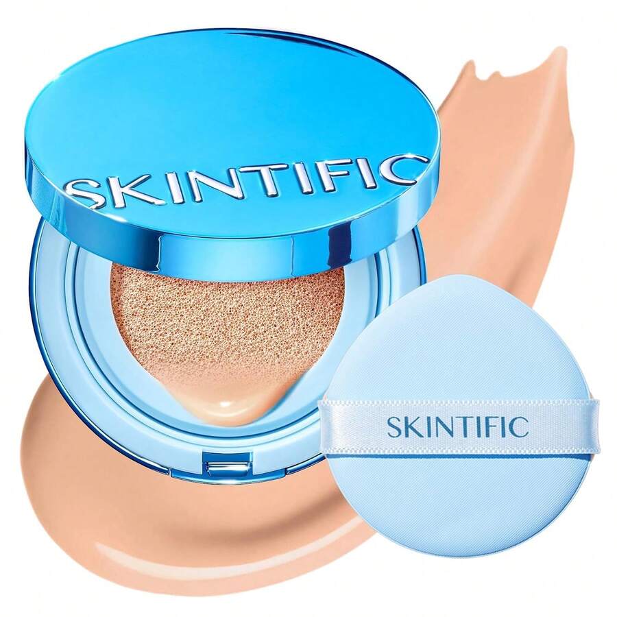 SKINTIFIC 藍色絲絨霧面氣墊粉底液，全遮瑕，12小時控油，適合油性與混合肌膚，防水，持久，輕盈，保濕，不暈染