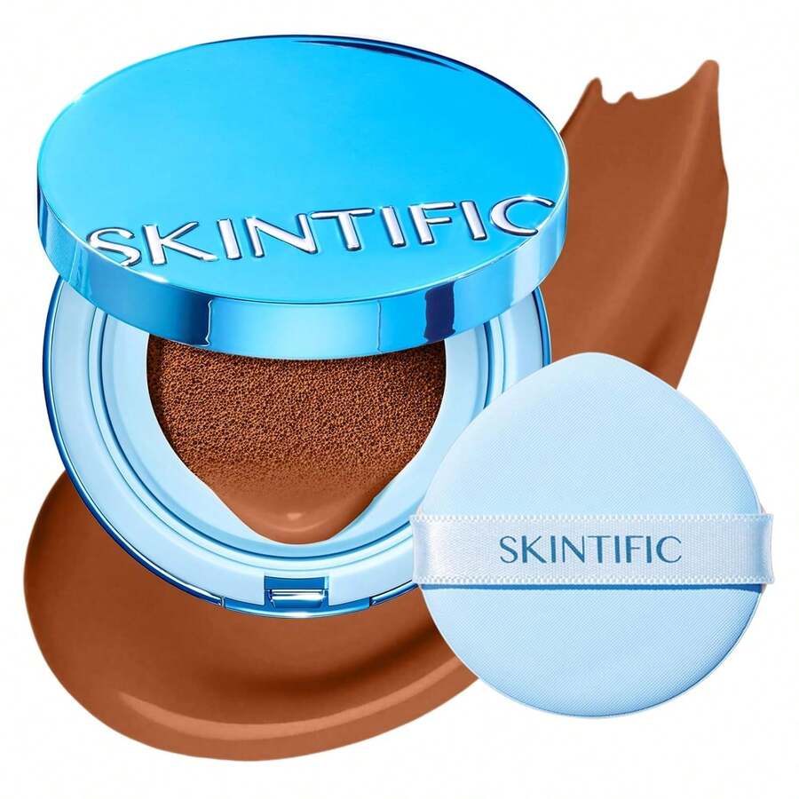 SKINTIFIC 藍色絲絨霧面氣墊粉底液，全遮瑕，12小時控油，適合油性與混合肌膚，防水，持久，輕盈，保濕，抗脫妝
