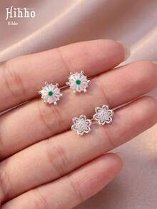 Hihho 1 par de pendientes de botón estilo delicado y suave con diseño de copo de nieve & flor, adecuados para el uso diario, citas y reuniones de mujeres - pendientes - Ver 2