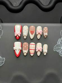 Conjunto de 10 Peças de Unhas Postiças Feitas à Mão, Estilo Y2K, Unhas Fofas e Doces com Laços, Unhas Falsas em Formato de Amêndoa Rosa e Branca, Listras, Bolinhas, Corações Vermelhos e Enfeites de Laço 3D, Reutilizáveis. Adequado para Uso Diário/Ocasiões Festivas. - Multicolorido - Visão 7