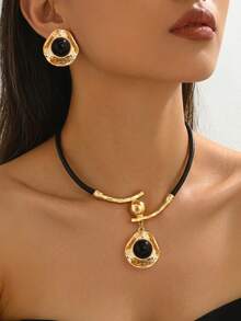1 Set Fashion Vintage Textured Asymmetrical Round Tiger Eye Stone Necklace & Earrings Set, Women's Autumn/Winter Party & Daily Versatile Accessory - Set - View 3