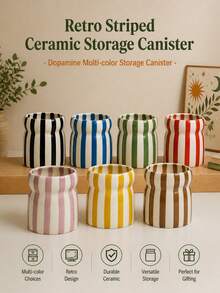 1pc Ceramic Striped Storage Canister, Tableware Organizer, Knife Holder, Eyebrow Pencil Makeup Tool Holder, Multiple Color Striped Patterns, Suitable For Kitchen Storage, Tableware Organization, Home Decor And Holiday Gifts - View 9