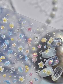 1片海洋生物水母海豚貝殼海星扶桑花夏季海洋風 5D 浮雕美甲貼紙指甲貼花 - 彩色 - 查看 2