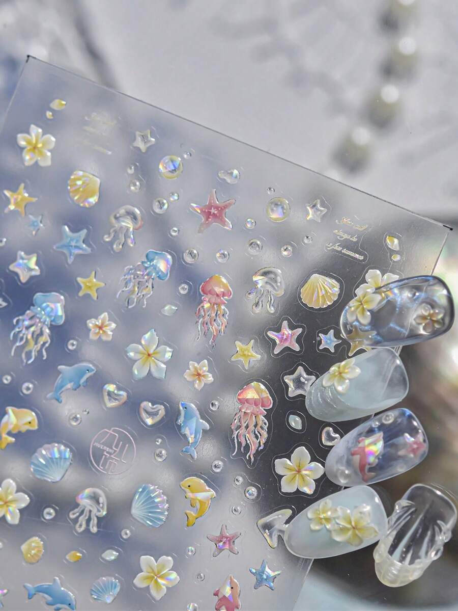 1片海洋生物水母海豚貝殼海星扶桑花夏季海洋風 5D 浮雕美甲貼紙指甲貼花