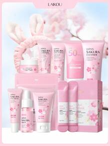 LAIKOU JAPAN 櫻花抗老護膚套裝（唇膜、潔面乳、泥膜、亮白霜、腋下美白霜、防曬眼霜、精華霜、精華液）緊緻護膚禮盒 自我呵護 SPA 舒緩面部護理套裝 - 9件組A - 查看 1