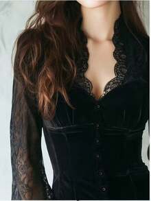 Autumn Black Velvet & Contrast Lace High-End Fashionable Unique Blouse For Women Back To School - Black - View 2