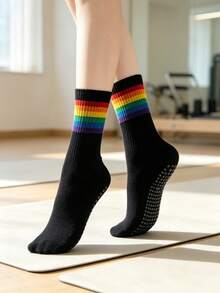 1/3 Pairs Women's Mid-Calf Yoga Socks, Professional Non-Slip Yoga Socks For Indoor Pilates, Soft Comfortable Lightweight Sports Socks With Dotted Anti-Slip Rainbow Stripes For Jump Rope - Multicolor - View 8