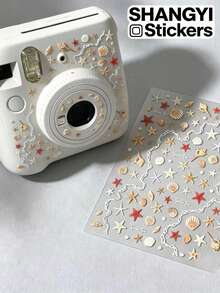 1pc Glitter Ocean Shell & Starfish Decorative Sticker, Red-Brown Gradient Starfish Paired With Assorted Seashells And White Chain Border, Refreshing Beach Style. Suitable For Collage, Phone Case Decoration, Water Bottle Sticker, Notebook Embellishment, Compatible With Various Handmade DIY Crafts. - Glittery Ocean Seashells and Starfish - View 1