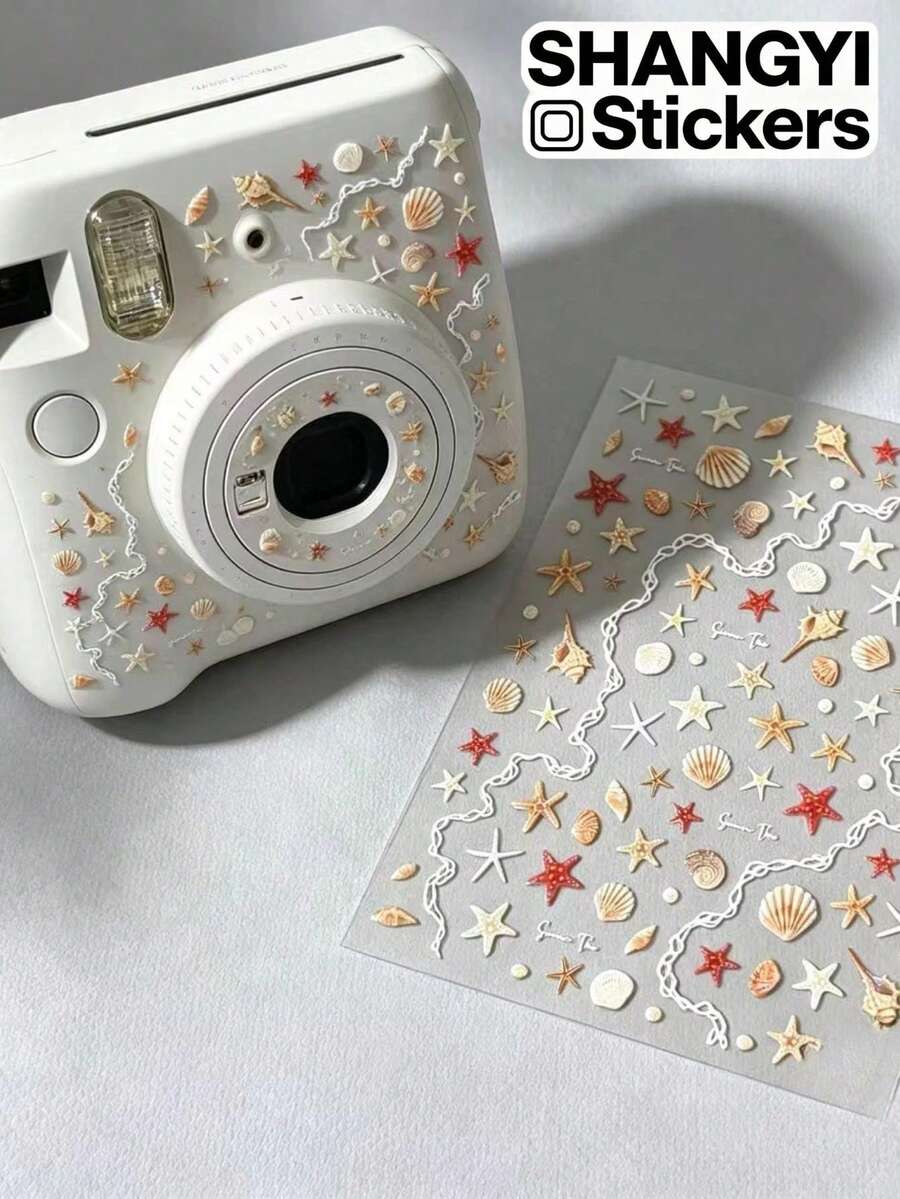 1pc Glitter Ocean Shell & Starfish Decorative Sticker, Red-Brown Gradient Starfish Paired With Assorted Seashells And White Chain Border, Refreshing Beach Style. Suitable For Collage, Phone Case Decoration, Water Bottle Sticker, Notebook Embellishment, Compatible With Various Handmade DIY Crafts. - Glittery Ocean Seashells and Starfish - View 1