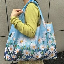 1 Set/1 Piece Women's Foldable Tote Bag, Large Capacity Shopping Bag, Oil Painting Style, Washable, Minimalist Design, Versatile, Suitable For Commuting, Travel, Shopping, Convenient Opening And Closing Design, Multi-Functional - Multicolor - View 5