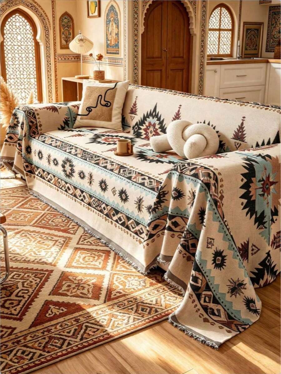 1-Pack Bohemian Sofa Throw - All-Season, Pet-Friendly, Dustproof Sofa Cover With Tassels - For Living Room, Kitchen - Machine Washable, Sofa Blanket - Multicolor - View 1