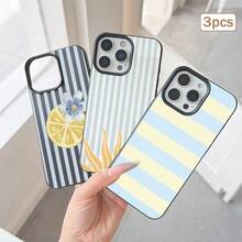 3件組條紋印花皮革紋理TPU防震全包覆保護手機殼，適用於Apple 11/12/13/14/15/16/17 Pro Max - 黑色 - 查看 3