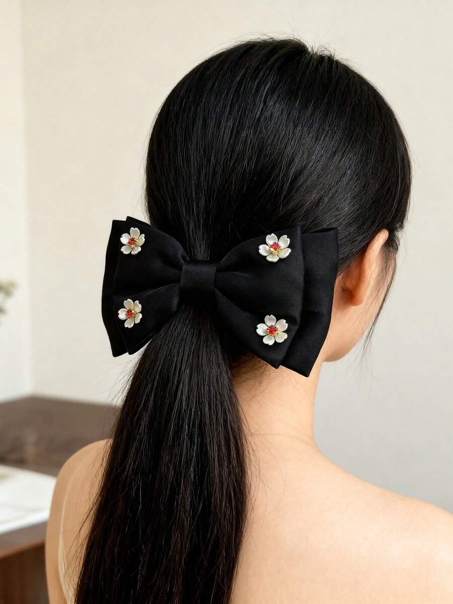 Black Small Floral Bow Ponytail Clip With Pearl Phoenix Tail Vine Flower Mesh Bow Hair Clip For Girls, Simple Elegant Hair Accessory - Black Bow With Small Flowers - View 1