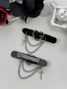 2pcs/Set Y2K Millennium Punk Style Solid Color Heart Buckle Side Clip Double Layer Chain Cross Pendant Design Girl Subculture Bangs Half-Up Hair Streetwear Atmosphere Hair Accessory - Multicolor - View 5