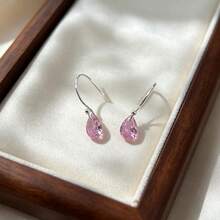 Minimalist 925 Sterling Silver Plain Silver Ear Hooks With Small Cubic Zirconia Water Drop Earrings, Multiple Colors Available, Suitable For Daily Wear - Pink - View 6