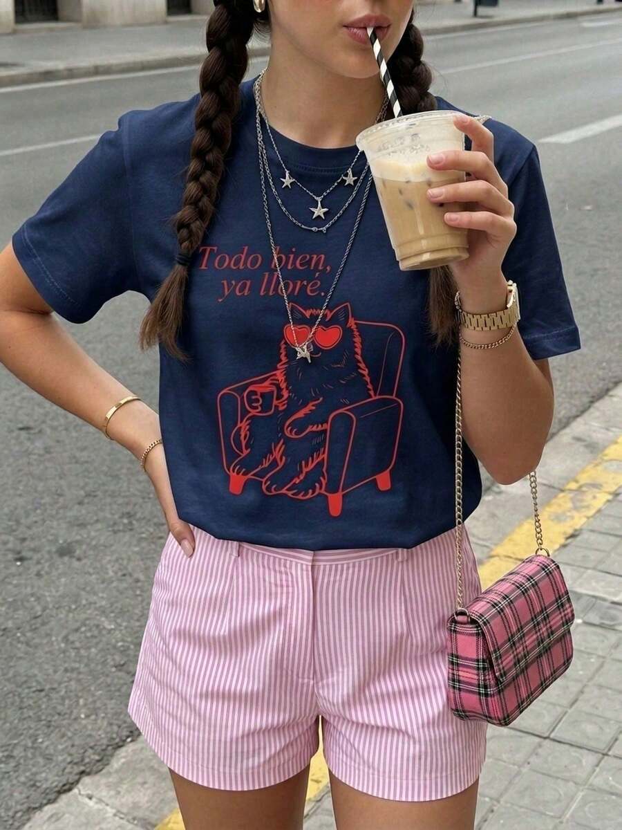 Camiseta Estilosa Moderna Feminina Unissex Estampada Gato Todo Bien Tecido Premium Manga Curta Camisa Gola Redonda 100 % Algodão - Azul Marinho - Visão 1