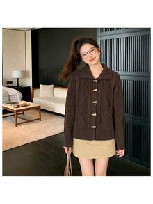 Jaket Kardigan Rajut Longgar Gaya Korea dengan Kancing, Cocok untuk Suasana Musim Dingin, Pemakaian Sehari-hari, di Rumah dan Bepergian, Musim Gugur/Dingin - Coffee Brown - View 5
