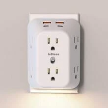 10 In 1 Surge Protector Outlet Extender, JeBlaon Wall Plug With 6 Wide Spaced AC Outlets, 2 USB-C 2 USB-A, Adjustable Night Light, 1050J Mountable Multi Outlet Splitter - White - View 1