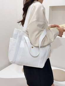 Large Capacity Canvas College Style Casual Tote Bag Shopping Bag Multifunctional Shoulder Bag Upgraded Canvas Bag - White - View 7