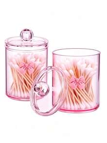 2pcs Pink Bow Print Transparent Plastic Storage Jars With Knob Handle Screw Lid Design, PET Material Transparent Moisture-Proof Dust-Proof Storage Box, Cute Sweet Style Storage Canister, Suitable For Bathroom Cosmetics And Desktop Clutter Storage - View 11