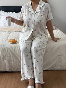 Women's Cute & Stylish Printed Soft Plus Size Pajama Set, Short Sleeve Button Collar Short Top & Long Pants, Soft Skin-Friendly Loungewear, Loose Slimming Fit, Machine Washable Easy Care, Simple Versatile Style For Home & Casual Wear, Suitable For Daily Outings - Multicolor - View 4