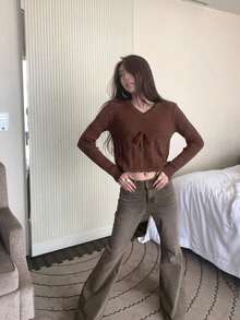 YCYC Atasan Lengan Panjang Wanita Model Ikat Depan Terbaru Musim Semi/Musim Gugur - Coffee Brown - View 4