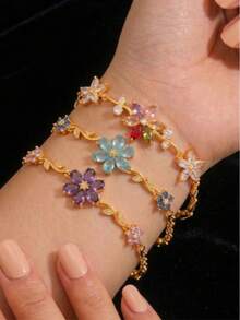 3pcs/Set Colorful Zirconia Flower Bracelet, 18K Gold Plated Luxury Floral Colorful Diamond Petal Thin Bracelet For Women - Gold - View 3