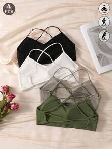 4PCS Ribbed Crisscross Back Bralette, Wireless Thin Strap Bra For Women - Multicolor - View 1