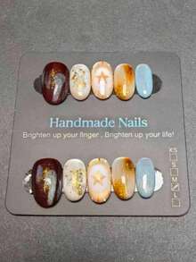 10pcs Handmade Oval Press-On Nails, Vintage Multi-Color Cat Eye Fake Nails With Polka Dots, Sun Lines, Gold Foil, Glitter And Rhinestones, Glossy Reusable Design For Summer Vacation, Travel, Graduation Party, World Cup, US Independence Day, Beach And Daily Wear For Women And Girls - Multicolor - View 1