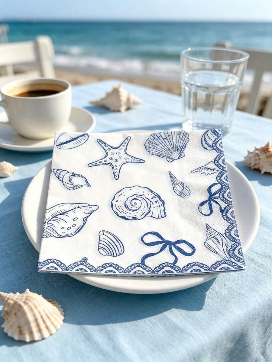 20/40pcs Blue Bow Beach Theme Disposable Napkins, Seashell Birthday Napkins Party Decor, Suitable For Summer Engagement, Bridal Wedding, Bachelorette Party And Mermaid Theme Party Decor Supplies - Multicolor - View 1