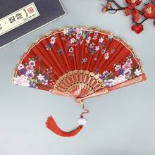 1 buah Kipas Tari Lipat dengan Liontin Simpul Tradisional Cina Bordir Gaya Cina Berhiaskan Kain Sutra Merah dan Hiasan Emas - Merah - View 10