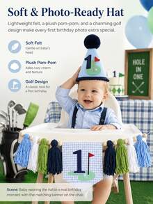 1SET Conjunto de Bandera para Silla Alta de Golf y Sombrero para 1er Cumpleaños - 1 Bandera para Silla Alta y Sombrero de Cono de 1er Cumpleaños con Borlas para Niños, Adecuado para Fiesta Temática, 1er Cumpleaños, Decoración de Fondo de Fiesta, Niño de 1 Año, Accesorios para Fotos - Multicolor - Ver 1