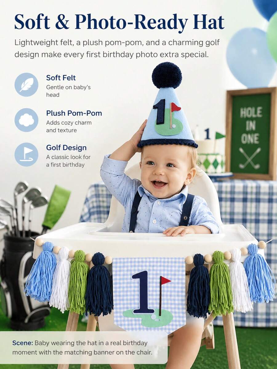 1SET Conjunto de Bandera para Silla Alta de Golf y Sombrero para 1er Cumpleaños - 1 Bandera para Silla Alta y Sombrero de Cono de 1er Cumpleaños con Borlas para Niños, Adecuado para Fiesta Temática, 1er Cumpleaños, Decoración de Fondo de Fiesta, Niño de 1 Año, Accesorios para Fotos - Multicolor - Ver 1