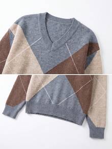 Women's V Neck Argyle Plaid Knit Sweater Color Block Long Sleeve Preppy Pullover Top - Grey - View 7