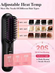 HYUNDAI Multi-Functional 2-In-1 Straightening & Curling Hair Brush, Rechargeable Portable Straightening Brush, Lightweight And Compact, With 3 Adjustable Heat Settings For Perfect Hairstyles Anytime-Ideal For Travel, Home, Hotels, Dorms, And More. - Black - View 9