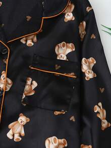 Women's Heart Bear Print Satin Long Sleeve Pants Pajama Set - Black - View 3