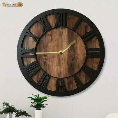 Wood Wall Clock-Modern Black Roman Numeral Wood Grain Wall Clock, 8 Inch 10 Inch 12 Inch Round Silent Non-Ticking Quiet Quartz Clock, Battery Powered Decor For Living Room Kitchen Bedroom Office