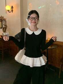 Contrast Color Peter Pan Collar Layered Ruffle Hem Elegant Preppy Style Long Sleeve T-Shirt Top - Black - View 5