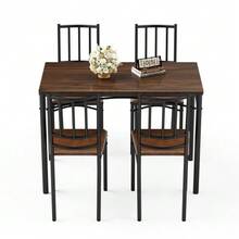 Dining Table Set, Bar Table With 4 Dining Chairs, Kitchen Table With Chairs, Industrial Breakfast Table For Kitchen, Living Room, Party Room, Walnut Wood, 110cm*60cm*76.5cm - Brown - View 6