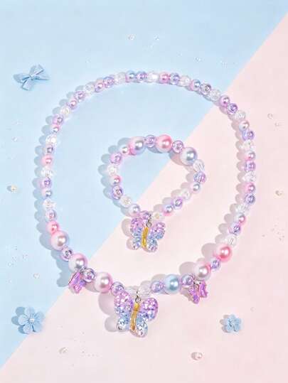 2pcs/Set Cute Girl Butterfly Pendant Beaded Necklace & Bracelet Jewelry Set, Suitable For Holiday Party Birthday Gift Daily Wear