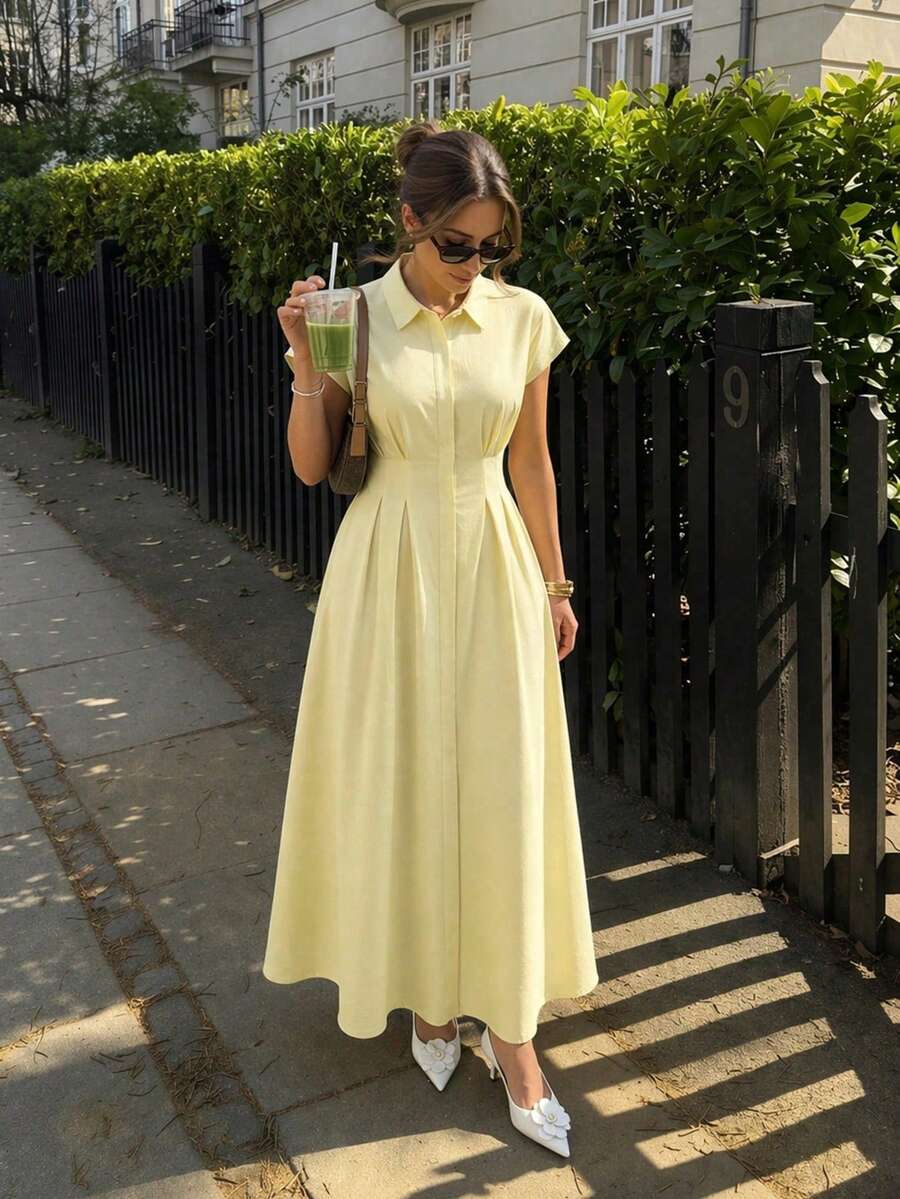 SUNSTORY 女款夏季優雅休閒波希米亞復古商務休閒度假極簡純色襯衫洋裝，前開扣設計，口袋，開衩，高腰，修身，短袖長洋裝，適合日常、工作、度假、海灘、婚禮、派對、旅行、茶會、音樂節、返校及其他場合