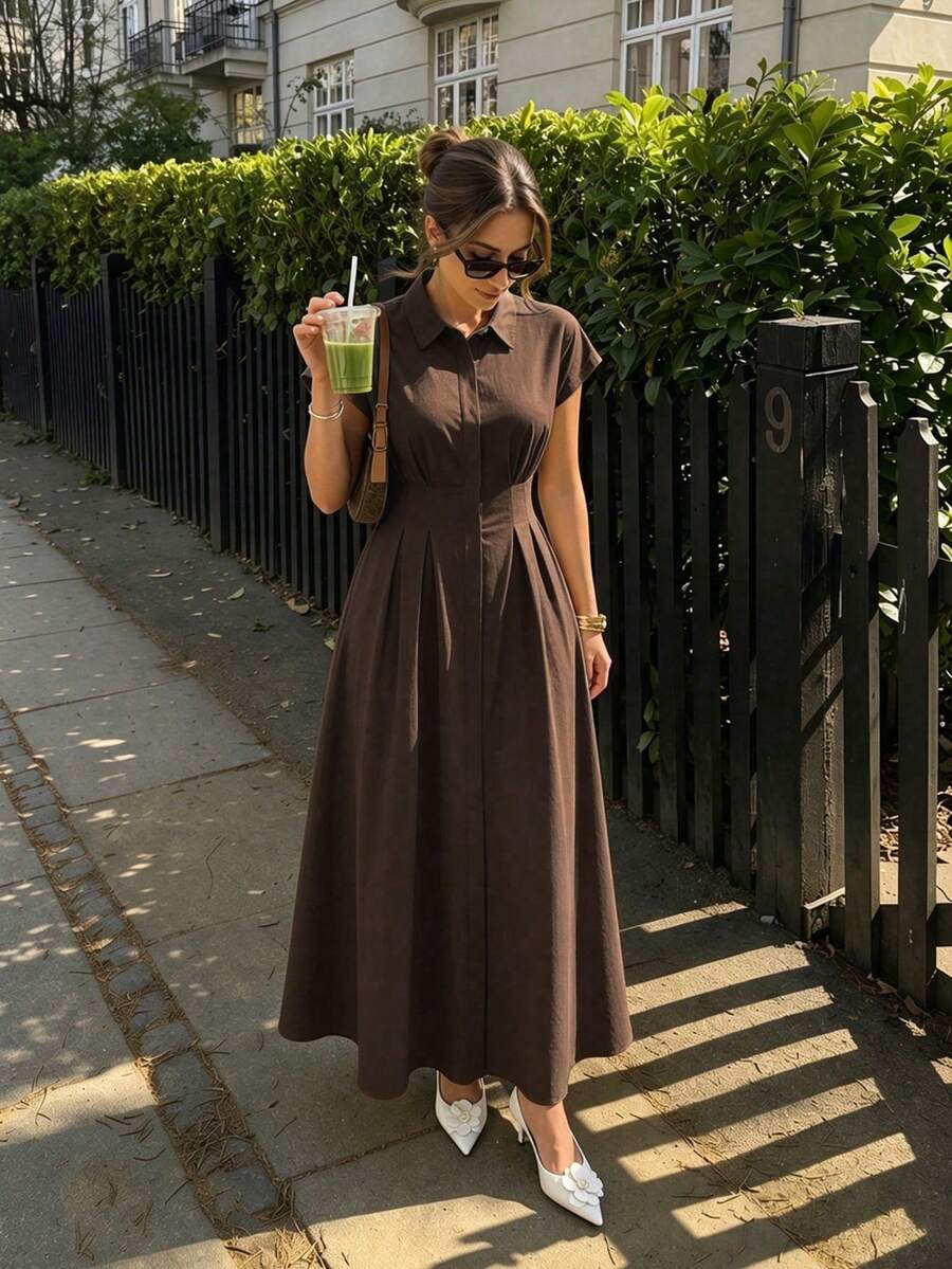 SUNSTORY 女款夏季優雅休閒波希米亞復古商務休閒度假極簡純色襯衫連身裙，前扣設計、口袋、開衩、高腰、修身、短袖長裙，適合日常、工作、度假、海灘、婚禮、派對、旅行、茶會、音樂節、返校及其他場合