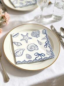 20/40pcs Blue Bow Beach Theme Disposable Napkins, Seashell Birthday Napkins Party Decor, Suitable For Summer Engagement, Bridal Wedding, Bachelorette Party And Mermaid Theme Party Decor Supplies - Multicolor - View 6